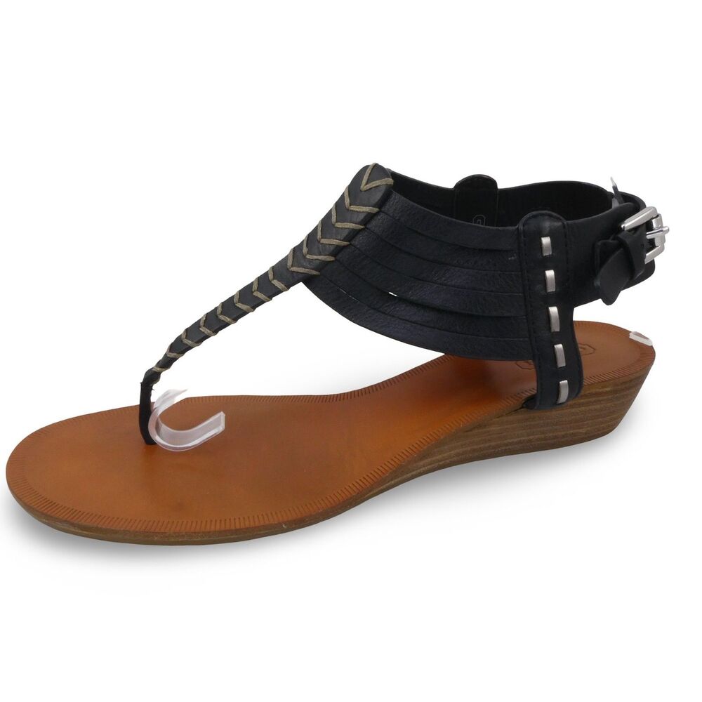 Coach India Gladiator Women's 10 Leather Wedge Thongs Sandals Black Ankle Buckle